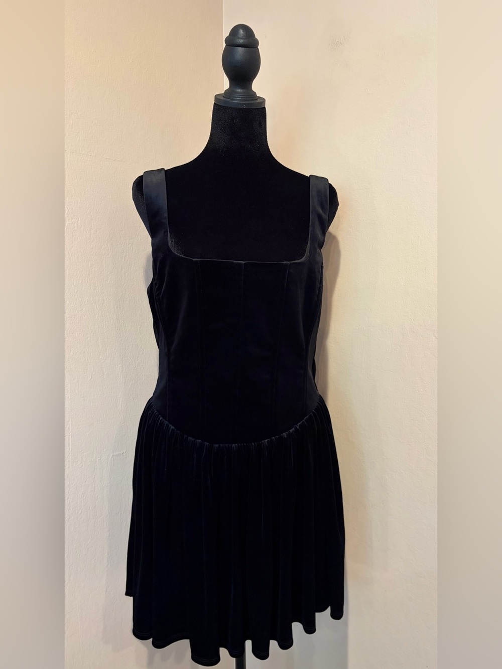 Zara Black Crushed Velvet Mini Dress w/ Corset Bodice & Square Neckline, Size L